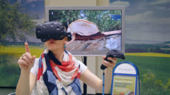 Eine VR-Nutzerin erkundet im Görlitzer Naturkundemuseum virtuell den Lebensraum „Laubstreu“.